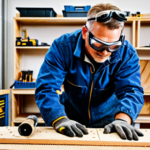 Home 11 **
A professional carpenter in a brightly lit workshop, safely using a drill machine on a wooden plank. He is wearing safety goggles and gloves. Various drill bits are neatly organized on a nearby shelf. The background shows other woodworking tools. fully clothed, appropriate attire, safe for work, perfect anatomy, natural proportions, professional setting, well-formed hands, proper finger count, family-friendly.
**