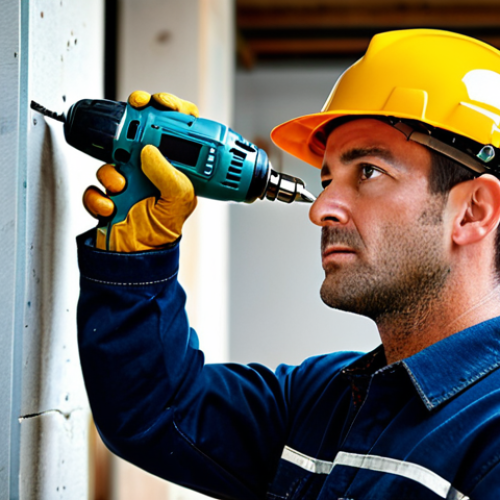 Home 6 Cordless Drill in Action**
A professional construction worker fully clothed in appropriate attire, using a cordless drill with a smart battery in a well-lit construction site, safe for work, appropriate content, perfect anatomy, natural proportions, well-formed hands, proper finger count, professional photography, high quality, modest clothing. Focus on the tool and the worker's focused expression.
**