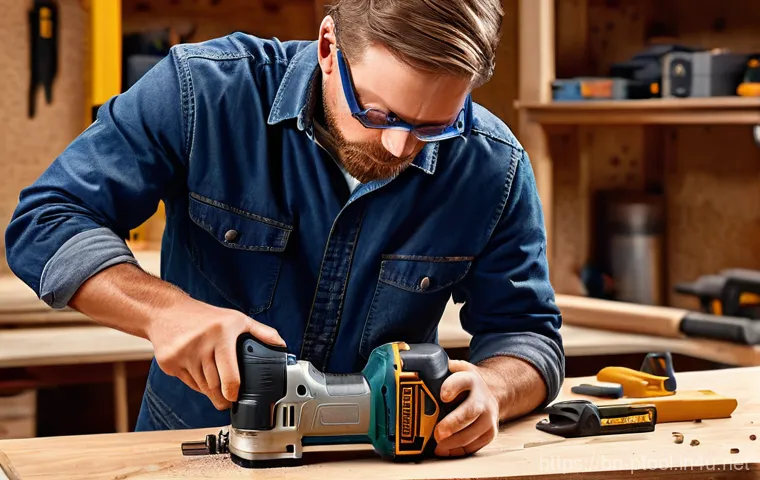 전동 공구 파워 조절 방법 - A focused male carpenter, wearing a clean work shirt, jeans, and safety glasses, meticulously uses a...
