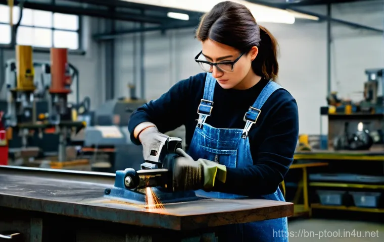 전동 공구 파워 조절 방법 - A focused male carpenter, wearing a clean work shirt, jeans, and safety glasses, meticulously uses a...