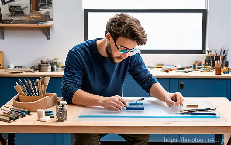 전동 공구 파워 조절 방법 - A female industrial designer, dressed in a sturdy denim overall, work boots, and protective gloves, ...