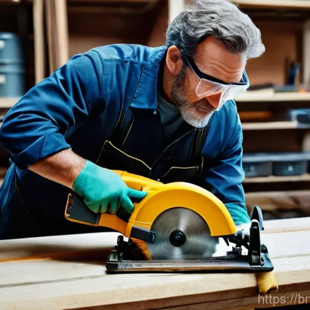 전동 공구 사용 시 흔한 실수 - **Prompt:** A focused, dynamic close-up shot of a skilled adult craftsperson using a power saw in a ...