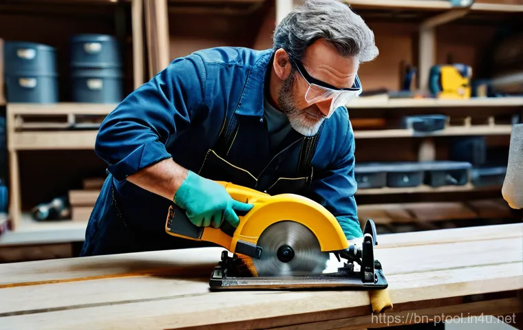 전동 공구 사용 시 흔한 실수 - **Prompt:** A focused, dynamic close-up shot of a skilled adult craftsperson using a power saw in a ...