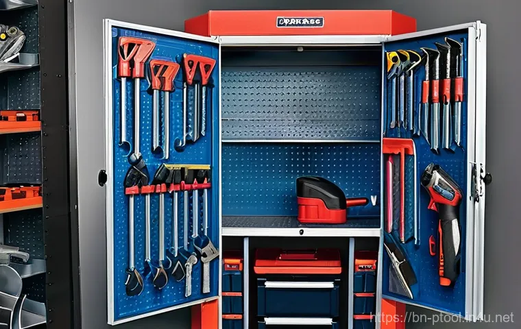 전동 공구 사용 시 흔한 실수 - **Prompt:** A wide, eye-level shot of a pristine and well-prepared home workshop, bathed in natural ...