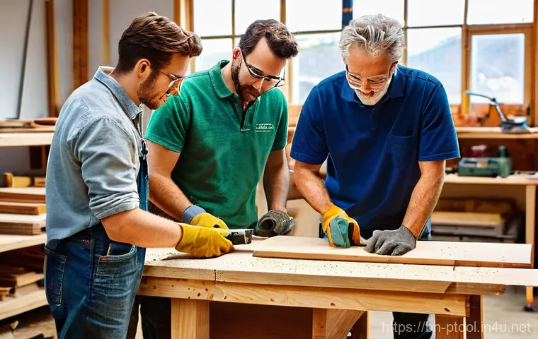 전동 공구 관련 커뮤니티 추천 - **Prompt 1: Collaborative Woodworking Project**
    "A vibrant, well-lit workshop scene. A diverse g...