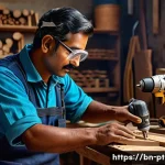 전동 공구 국내 생산 제품 vs 해외 제품 - A detailed, realistic workshop scene featuring a Bengali craftsman using a locally made electric dri...