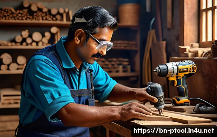 전동 공구 국내 생산 제품 vs 해외 제품 - A detailed, realistic workshop scene featuring a Bengali craftsman using a locally made electric dri...
