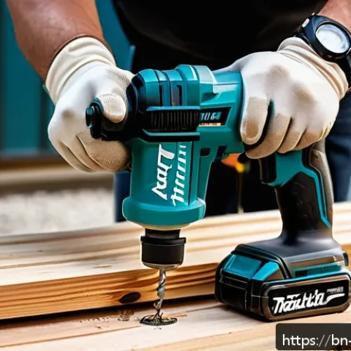 마끼다 전동 공구 사용 후기 - A detailed close-up of a professional craftsman using a Makita power drill with advanced brushless m...