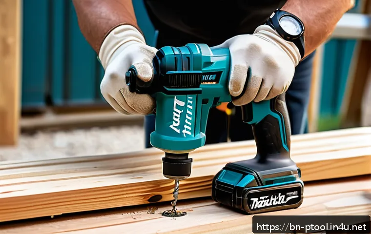 마끼다 전동 공구 사용 후기 - A detailed close-up of a professional craftsman using a Makita power drill with advanced brushless m...