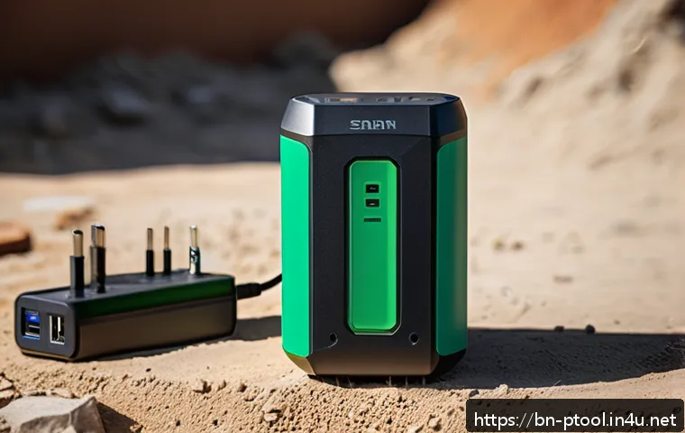 전동 공구 충전기 추천 - A compact, modern portable electric tool charger designed with a sleek, sturdy black and gray casing...