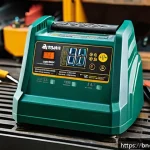 전동 공구 브랜드별 충전기 호환성 - A highly detailed close-up of a professional power tool battery charger designed for Bengali users, ...
