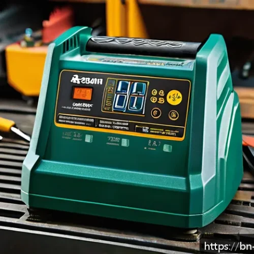 전동 공구 브랜드별 충전기 호환성 - A highly detailed close-up of a professional power tool battery charger designed for Bengali users, ...