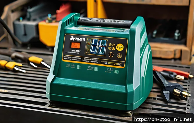 전동 공구 브랜드별 충전기 호환성 - A highly detailed close-up of a professional power tool battery charger designed for Bengali users, ...