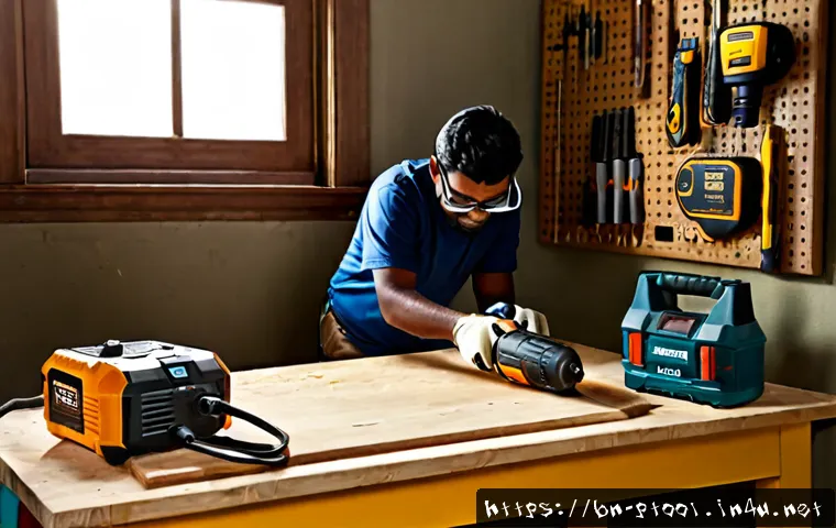 Home 17 가성비 전동 공구 추천 - Photorealistic home workshop comparison scene, a neatly arranged affordable cordless drill, compact ...