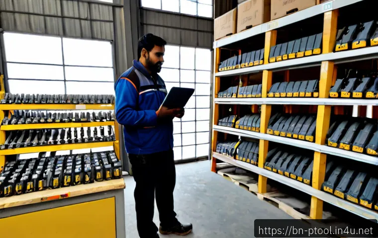 전동 공구 대량 구매 팁 - Photorealistic wholesale power tool purchasing scene in a bright South Asian hardware warehouse, org...
