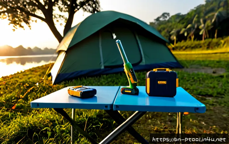 전동 공구 캠핑 필수 아이템 - Photorealistic campsite at golden hour in a lush Bangladeshi riverside landscape, a compact cordless...
